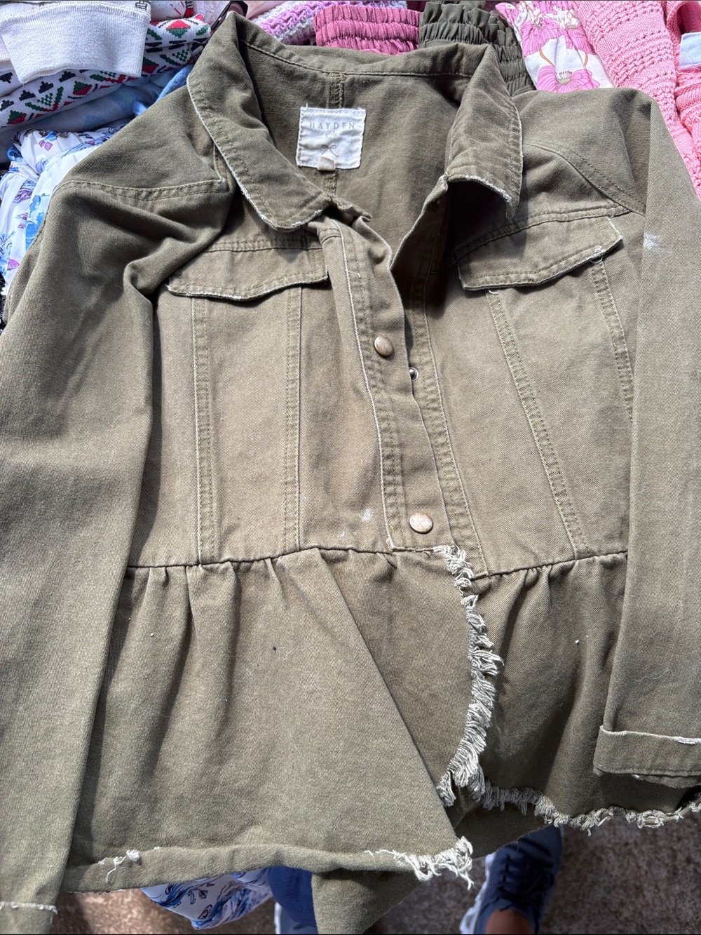Hayden Olive Green Peplum Button-Front Jean Jacket